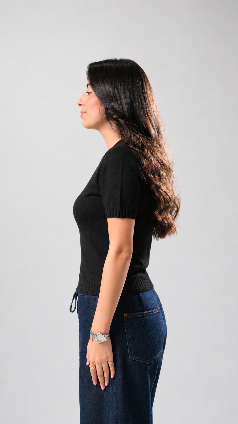 Wide Knit Round Shirt - Black