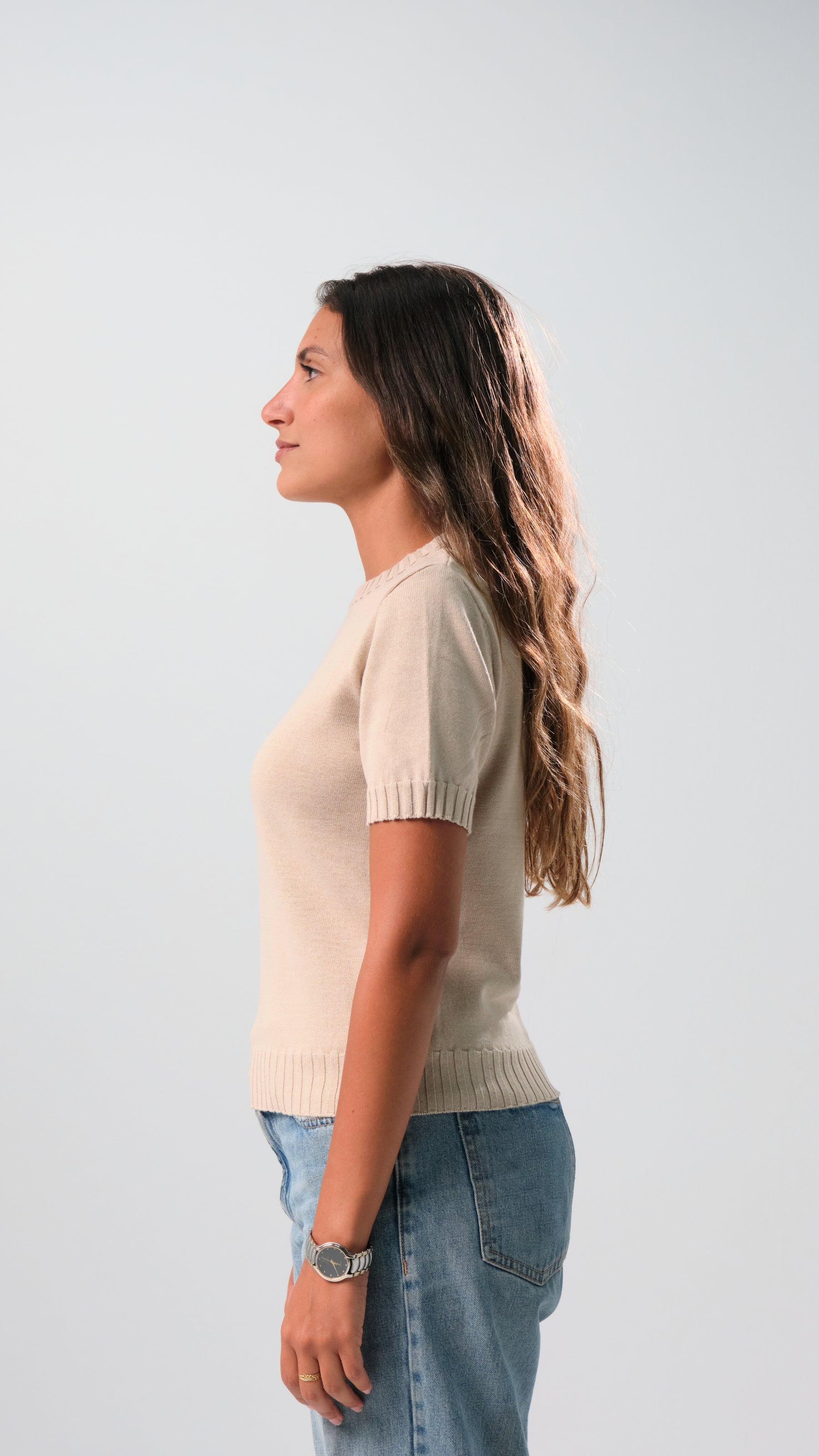 Wide Knit Round Shirt - Beige